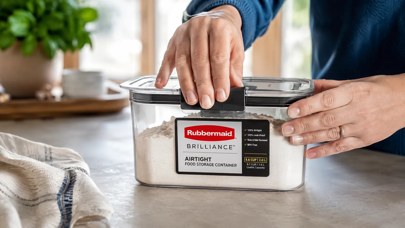 Hand pressing closed the locking lid on a clear Rubbermaid Brilliance airtight container filled with flour