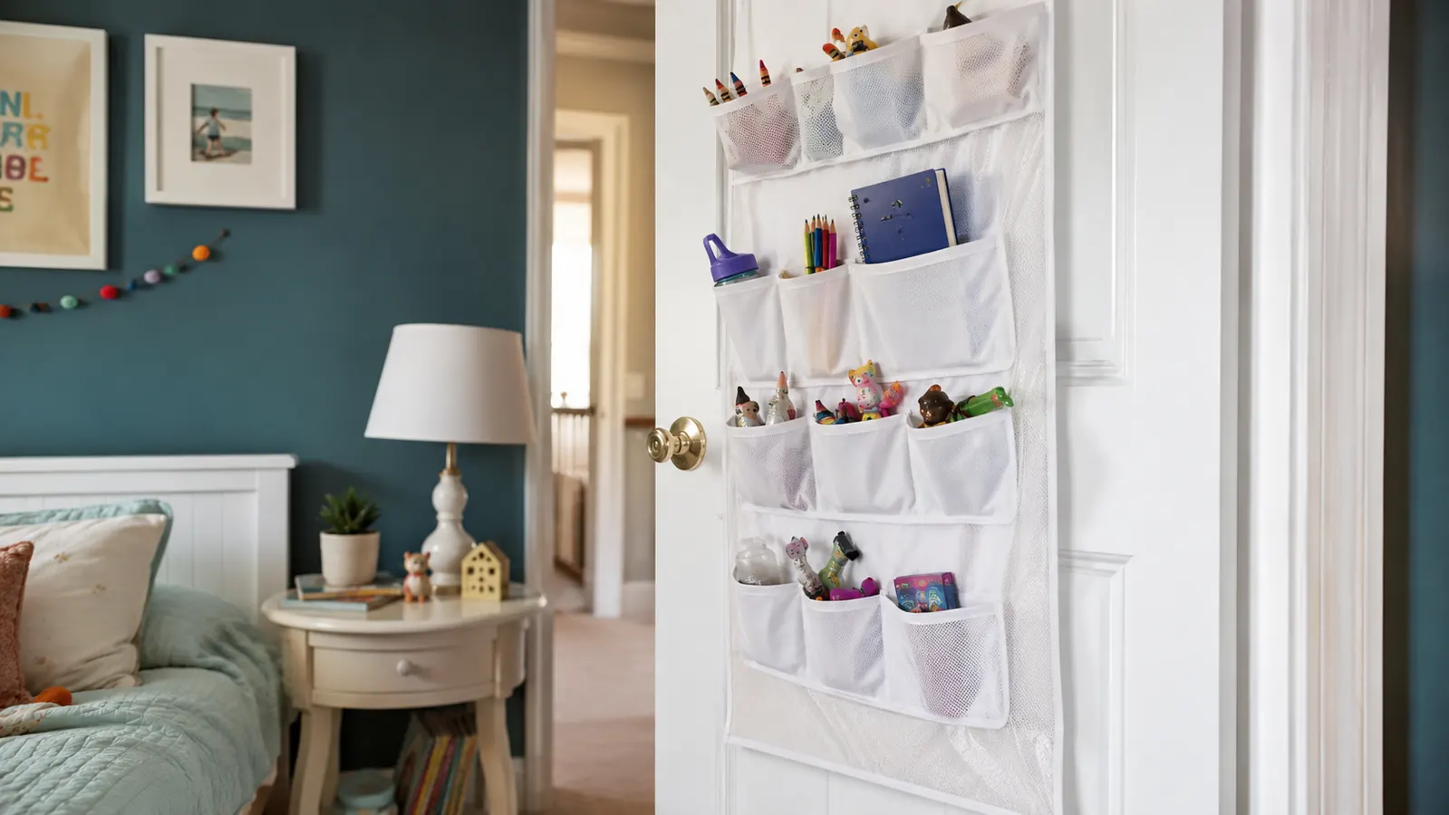 Child's bedroom door with over-door organizer holding small toys, art supplies, and a water bottle