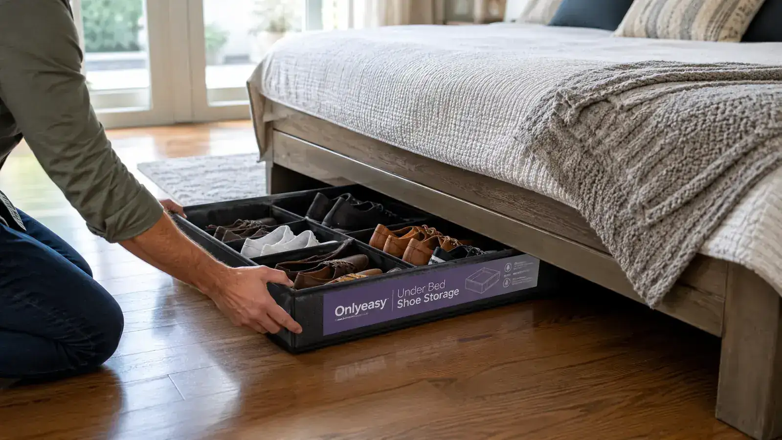Onlyeasy under-bed shoe storage organizer being slid out from under a bed, showing pairs of shoes arranged in slots