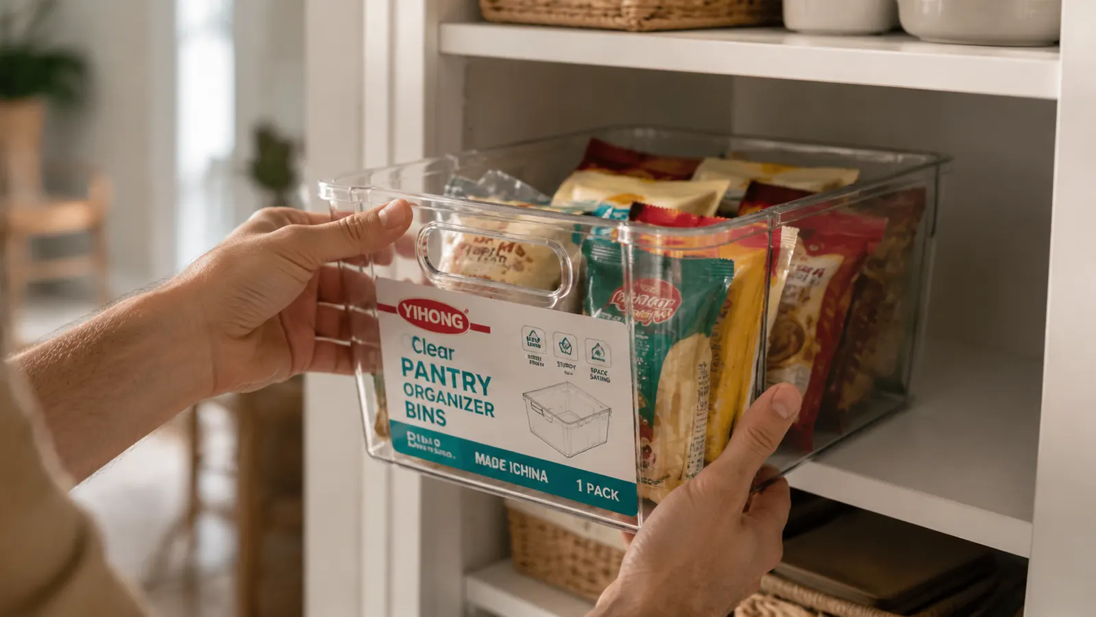 YIHONG clear bin being pulled off a pantry shelf by a hand, snacks visible inside through the clear plastic