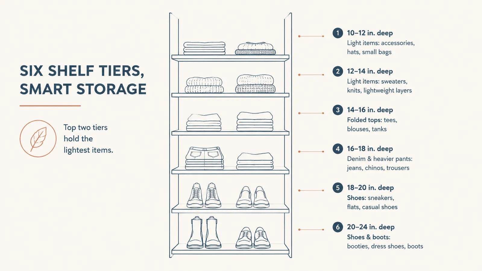 Chart showing the six shelf tiers with approximate dimensions labeled and weight guidance per tier