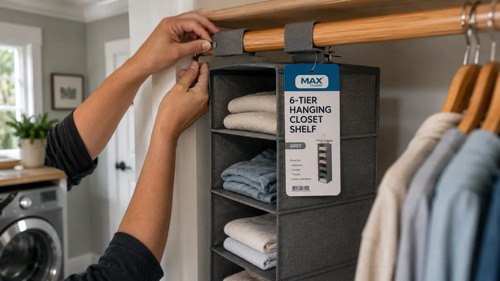Person clipping a MAX Houser hanging closet organizer onto a closet rod