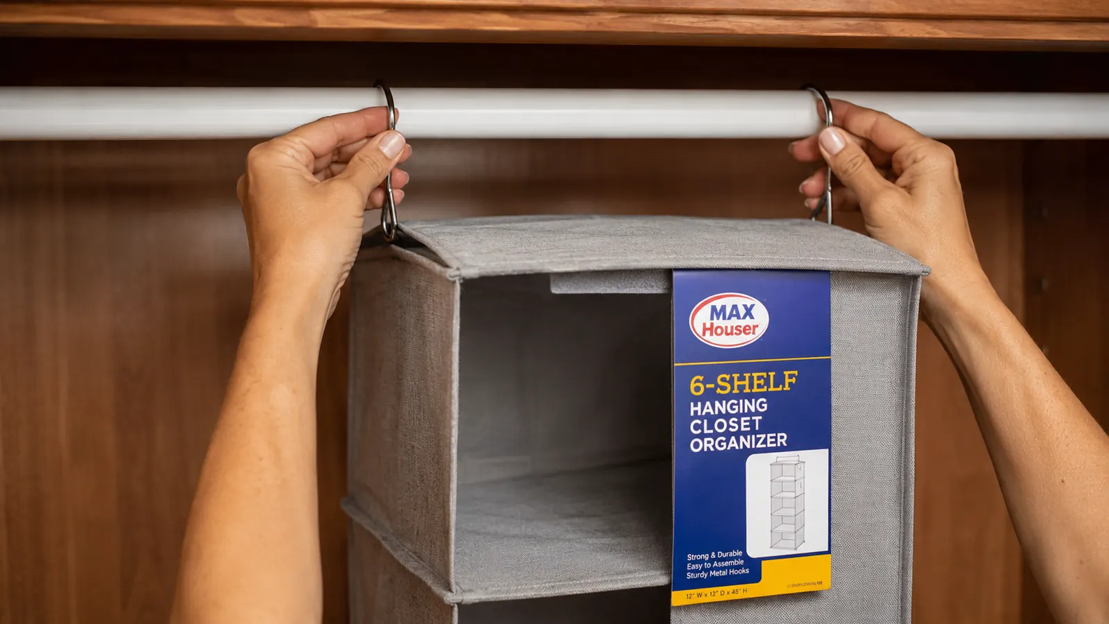 Hands hooking a hanging closet shelf onto a standard round closet rod