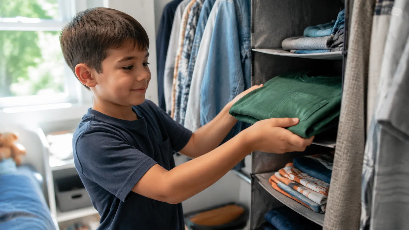 A child placing a folded shirt onto a hanging closet shelf tier at their own eye level