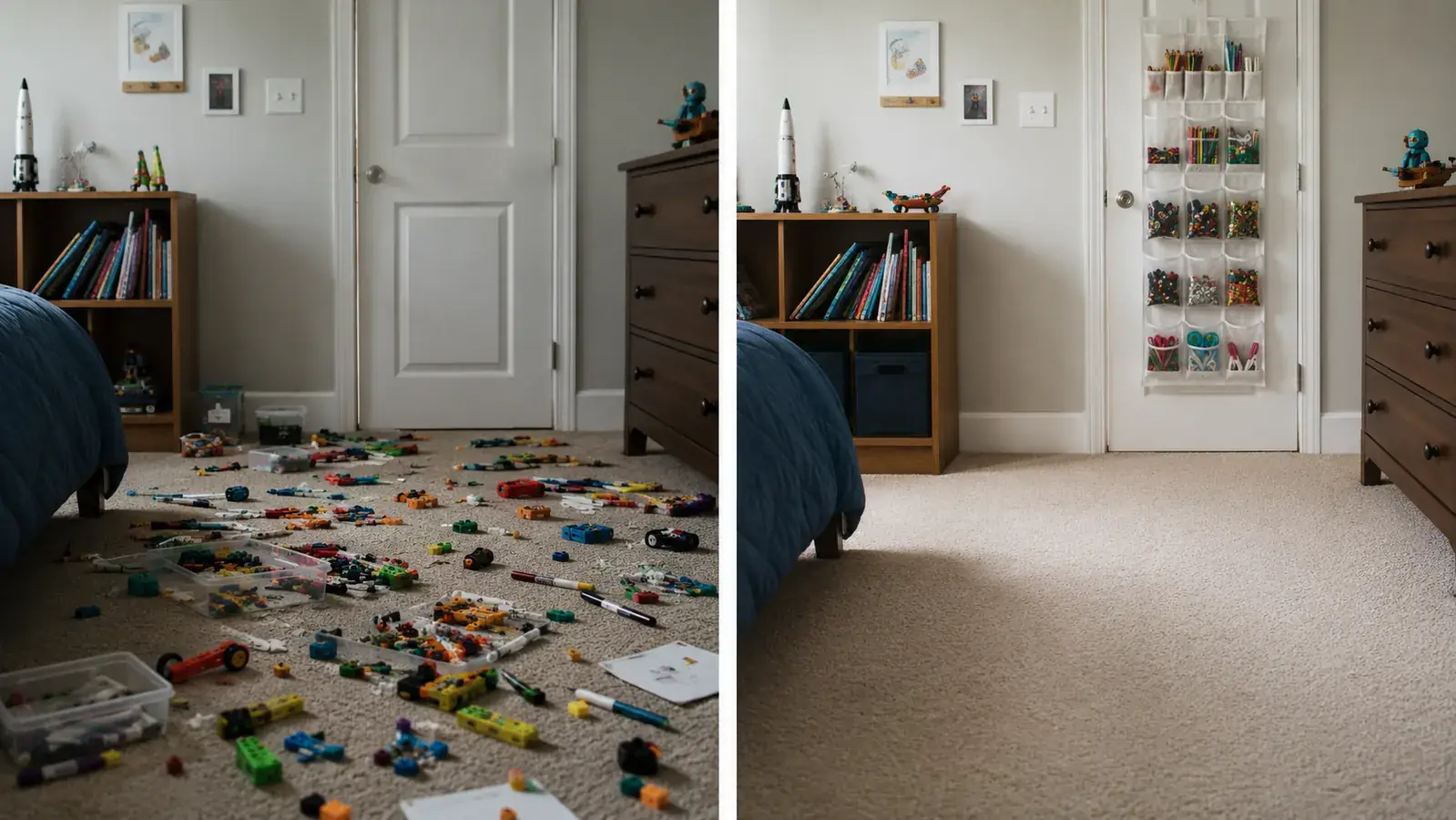 Before and after split showing a messy bedroom floor on the left and a tidy room on the right with an over-door organizer visible