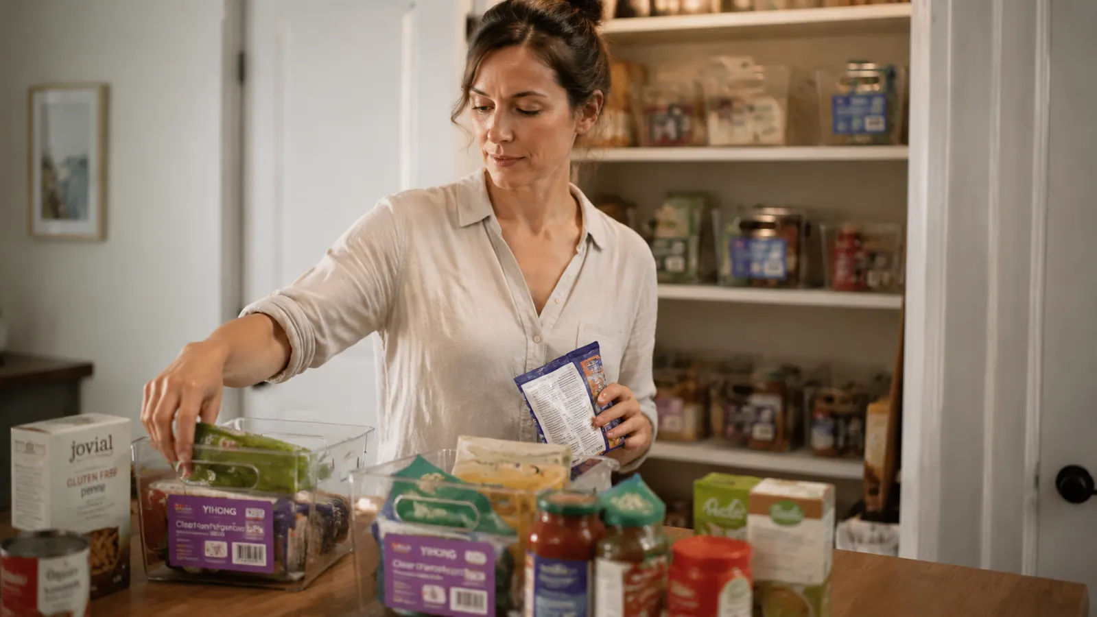 Woman emptying a pantry shelf, sorting food items into categories on a kitchen counter before reorganizing