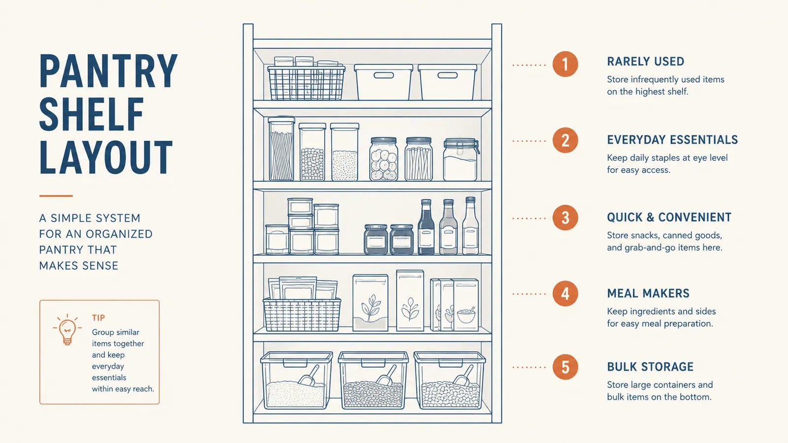 Pantry shelf zone layout chart showing categories from top to bottom: baking, grains, snacks, canned goods, drinks