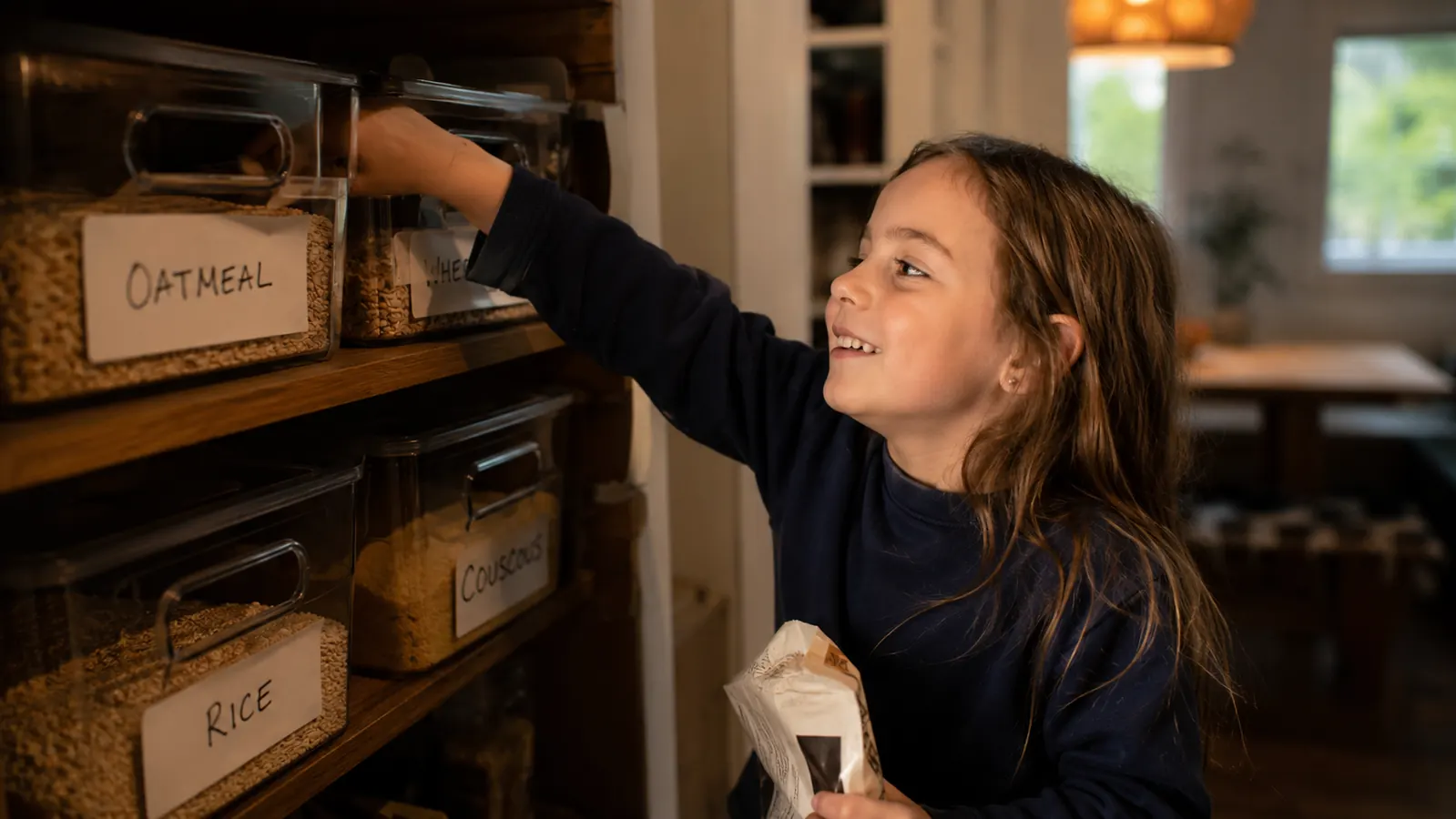 Child reaching into a labeled clear bin on a low pantry shelf to grab a snack independently
