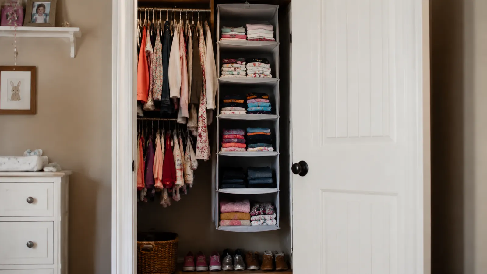 Organized kid's closet showing the MAX Houser shelf loaded correctly with light folded tops and leggings on each tier