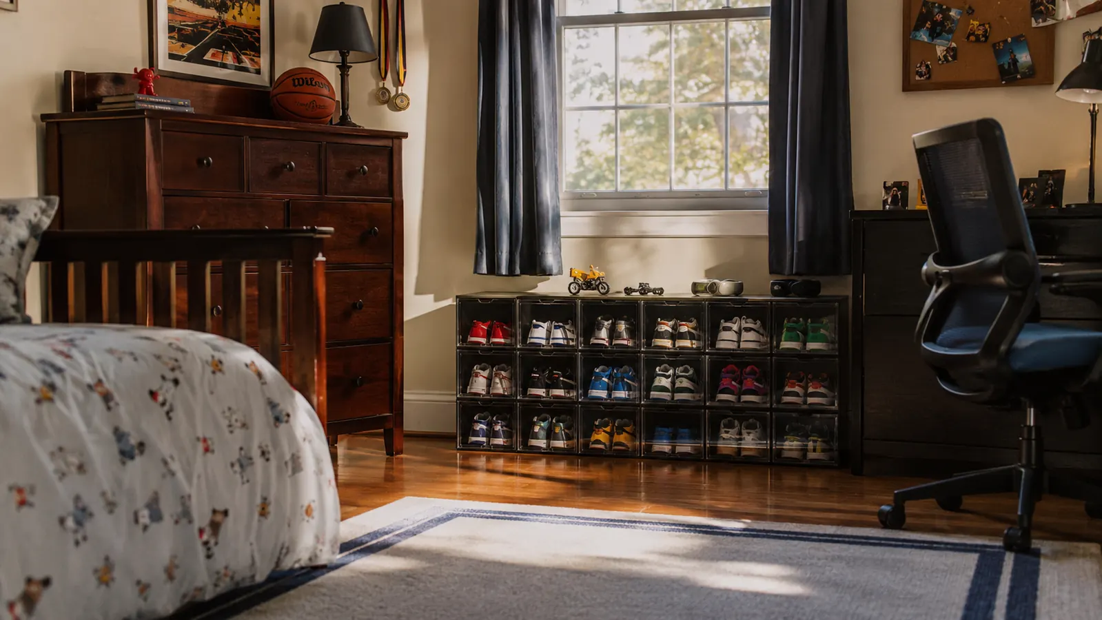 Organized kids bedroom floor, shoes off the floor and stored, calm and clutter-free