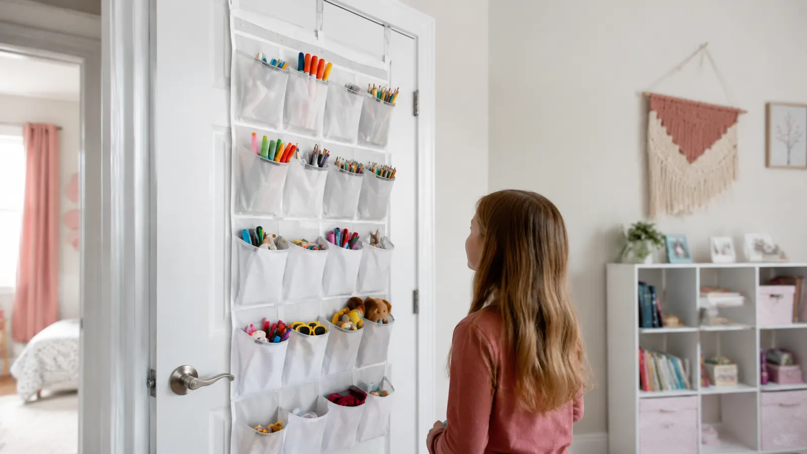 Over-door organizer in a child's bedroom with art supplies, small toys, and school items sorted into pockets
