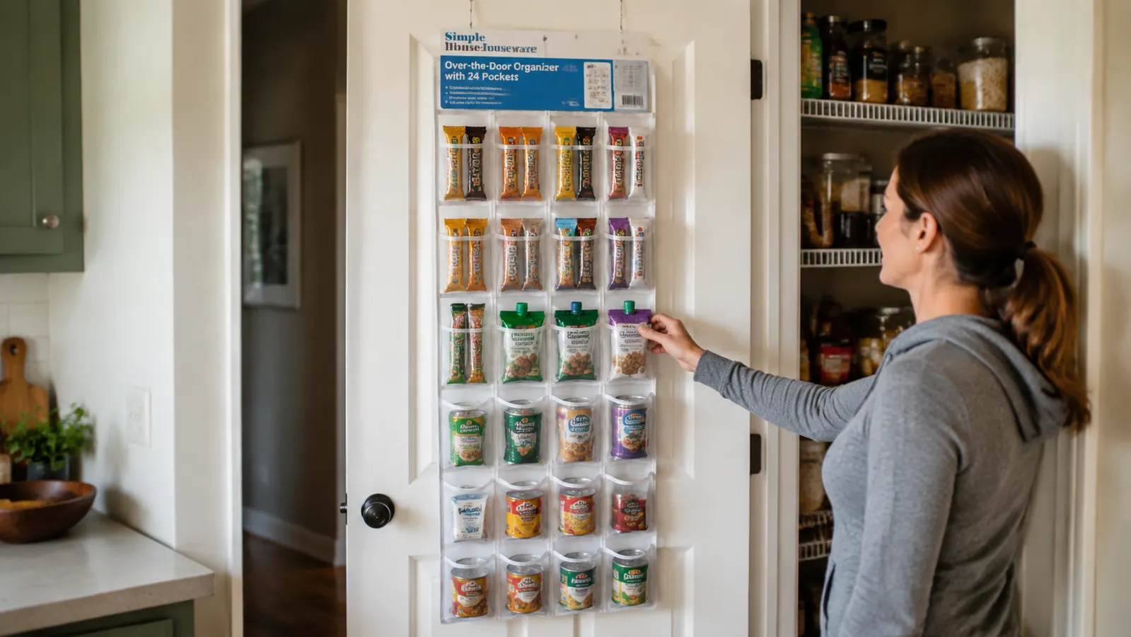 Organized pantry door view showing all 24 pockets of a white over-door organizer filled with snacks, spice packets, and small pantry items
