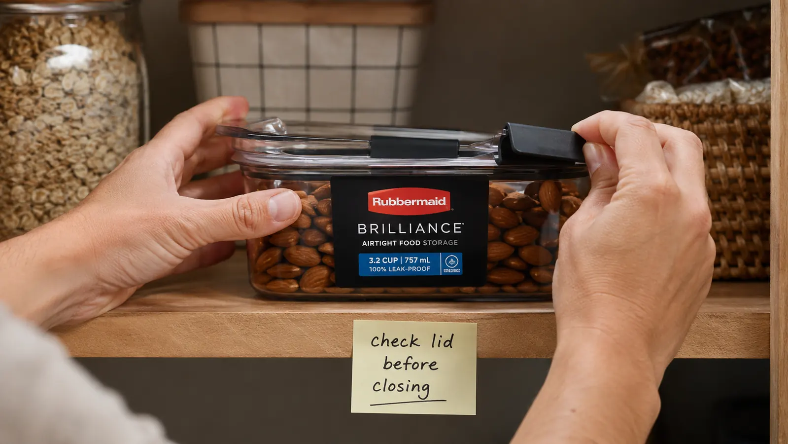 A Rubbermaid Brilliance container sitting alone on a shelf next to a handwritten sticky note that says 'check lid before closing'