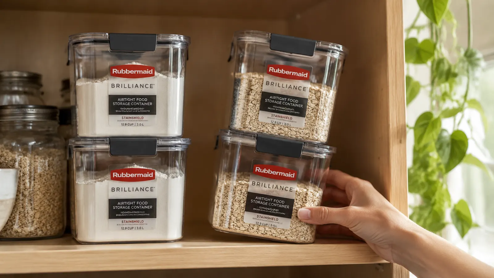 Pantry shelf showing two different-height Rubbermaid Brilliance stacks, one tall stack slightly tilted because a mismatched lid size was used on the bottom container