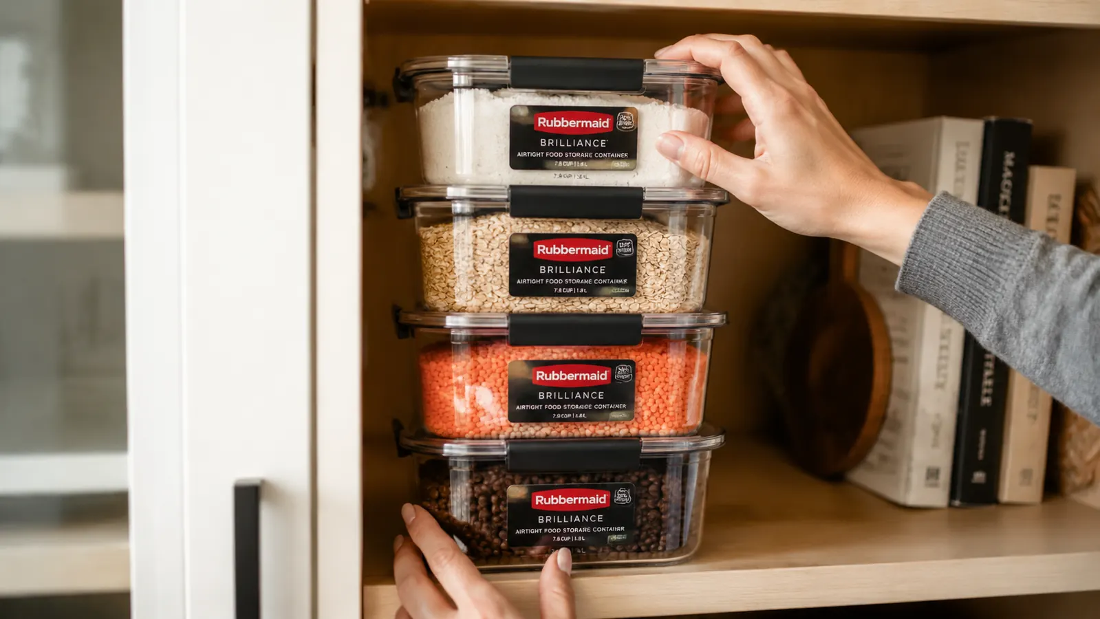 Four Rubbermaid Brilliance containers stacked in a column on a pantry shelf, each filled with a different dry ingredient, showing the modular stacking feature