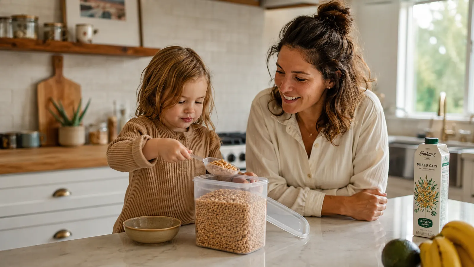 A busy mom and her young child scooping cereal from a clear airtight container at a kitchen counter on a weekday morning