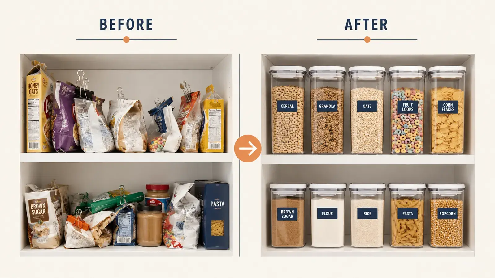 Pantry shelf before and after: torn open cereal bags on the left, neat Rubbermaid containers on the right