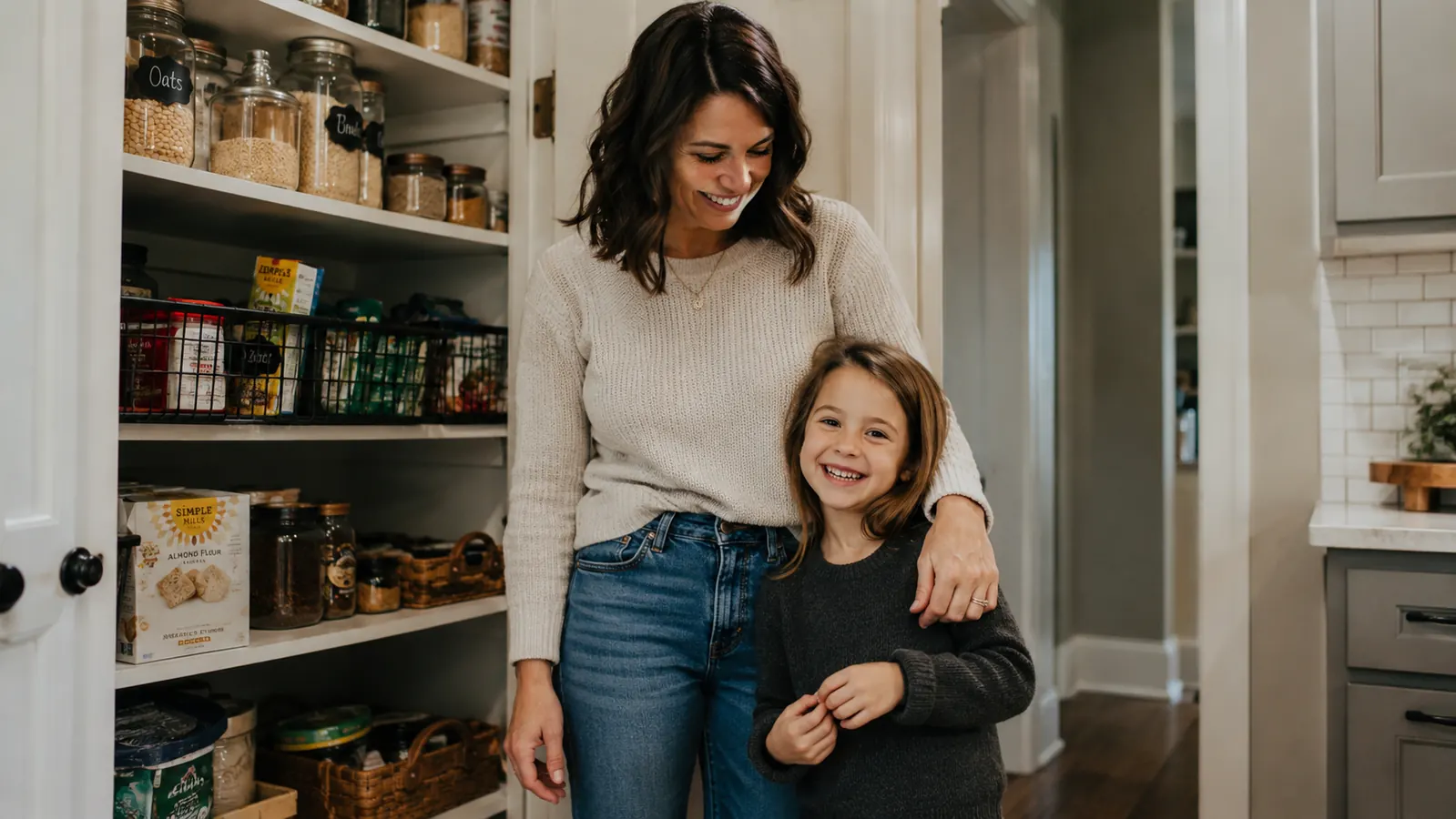 Mom and young child looking into a tidy pantry together, smiling