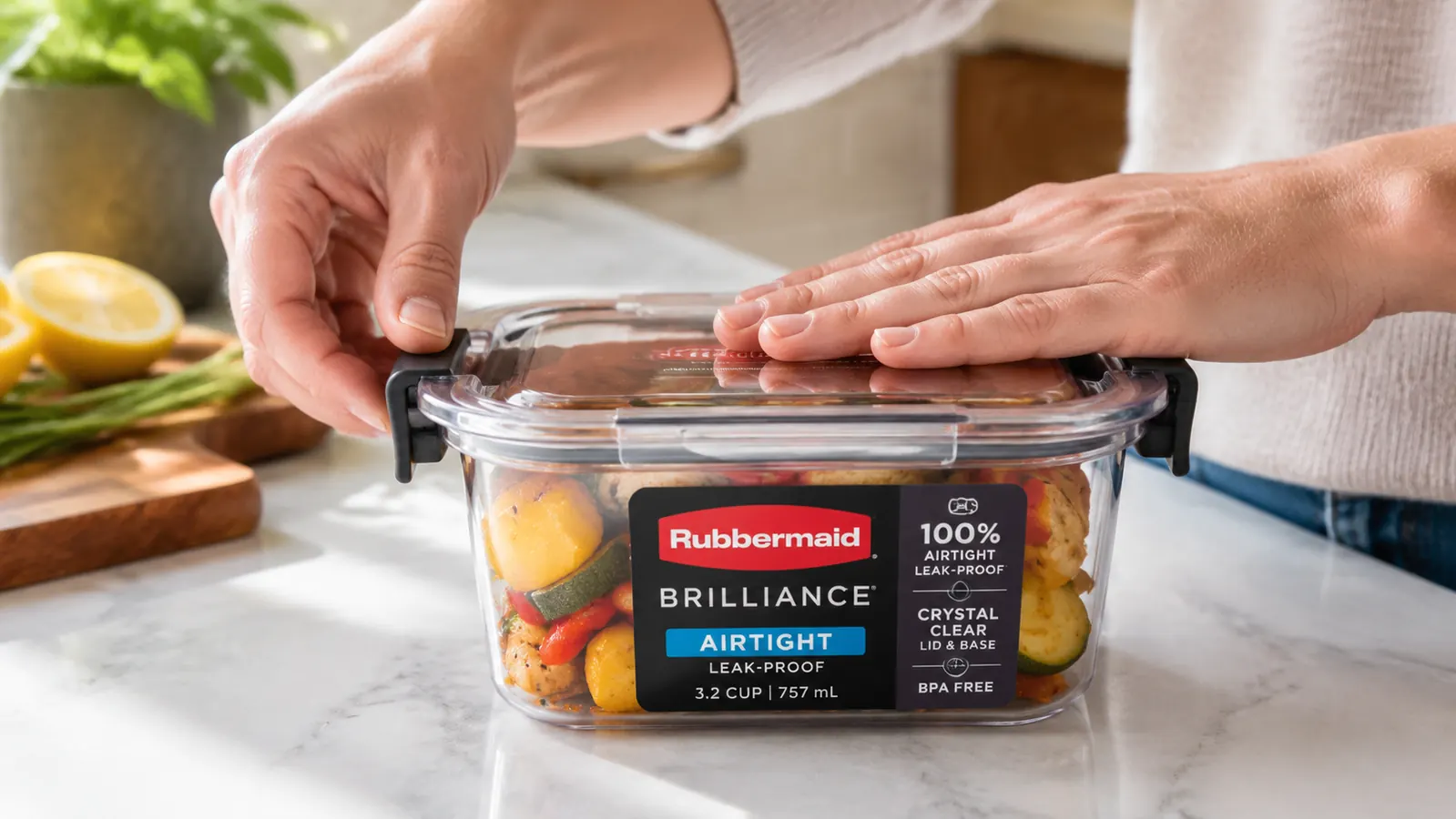 Close-up of Rubbermaid Brilliance container lid being pressed shut, showing the four locking tabs snapping into place