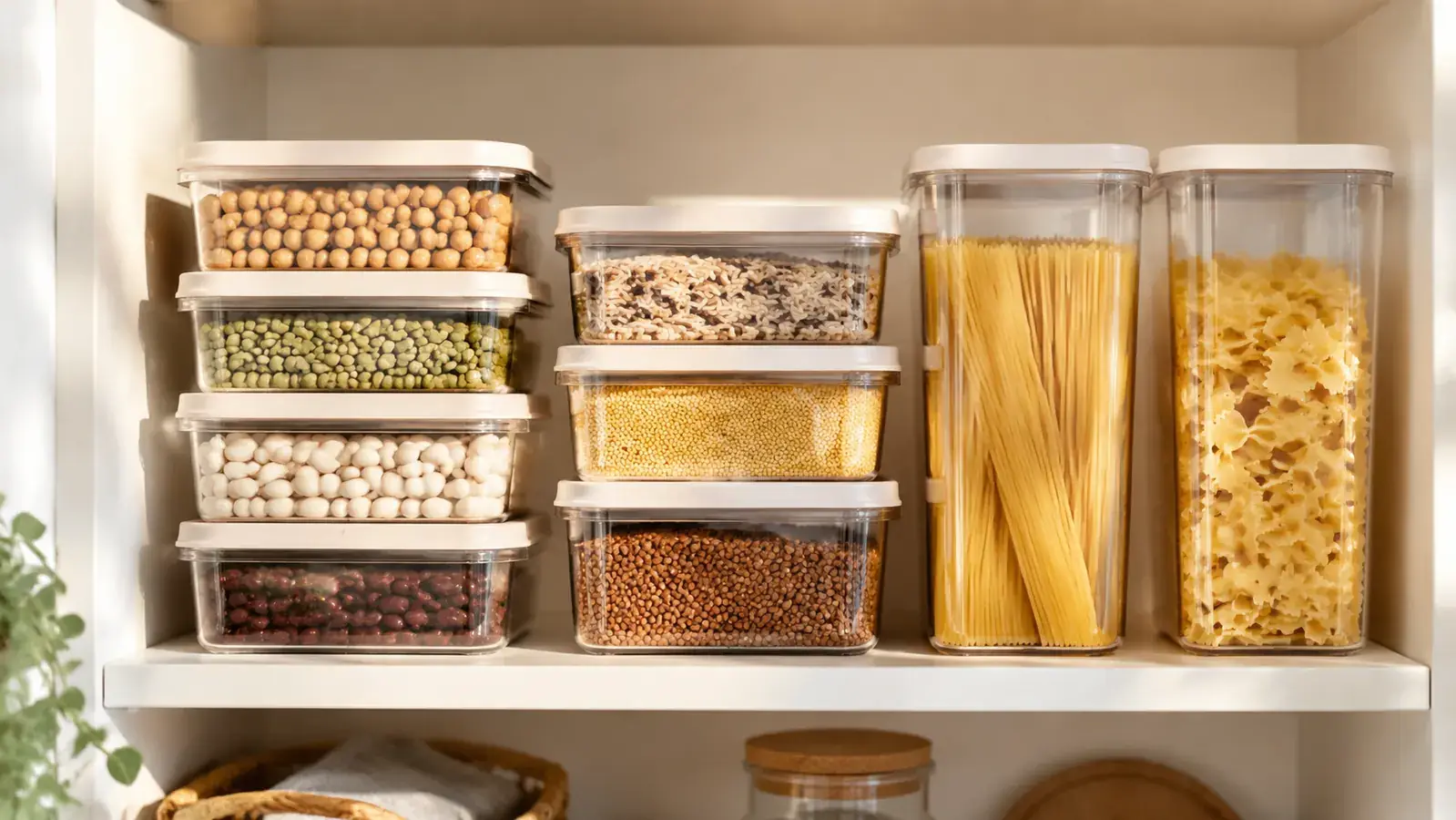 Stack of clear Rubbermaid Brilliance containers nested inside each other on a pantry shelf next to dried goods