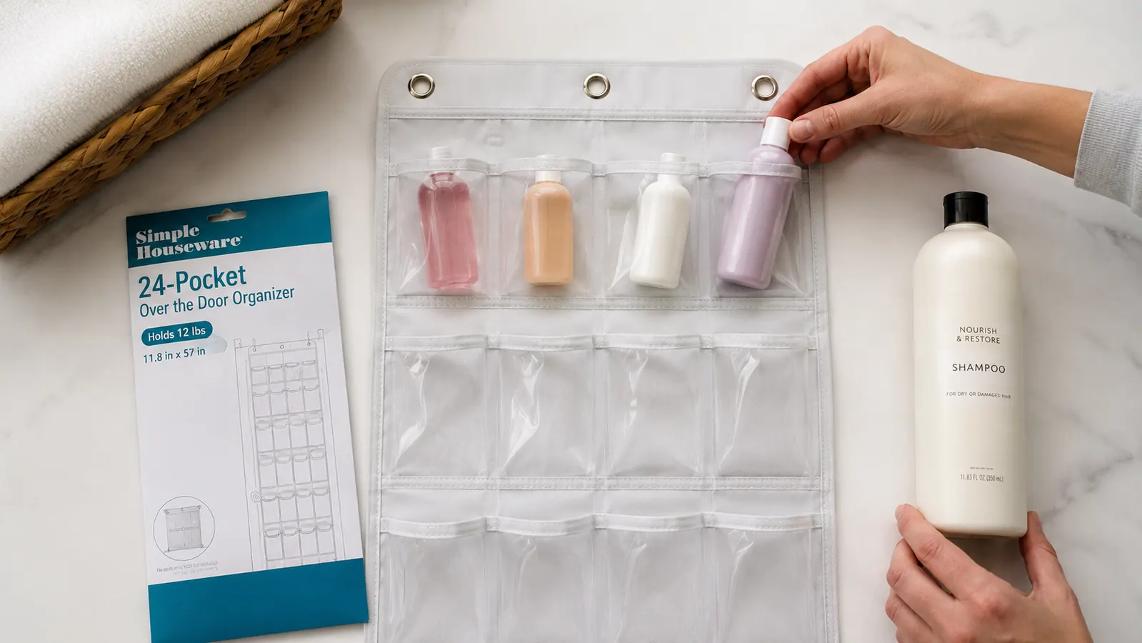 Overhead flat-lay of items that fit and do not fit in the Simple Houseware organizer pockets: travel-size toiletries, snack bags, and a full-size shampoo bottle next to the organizer for scale