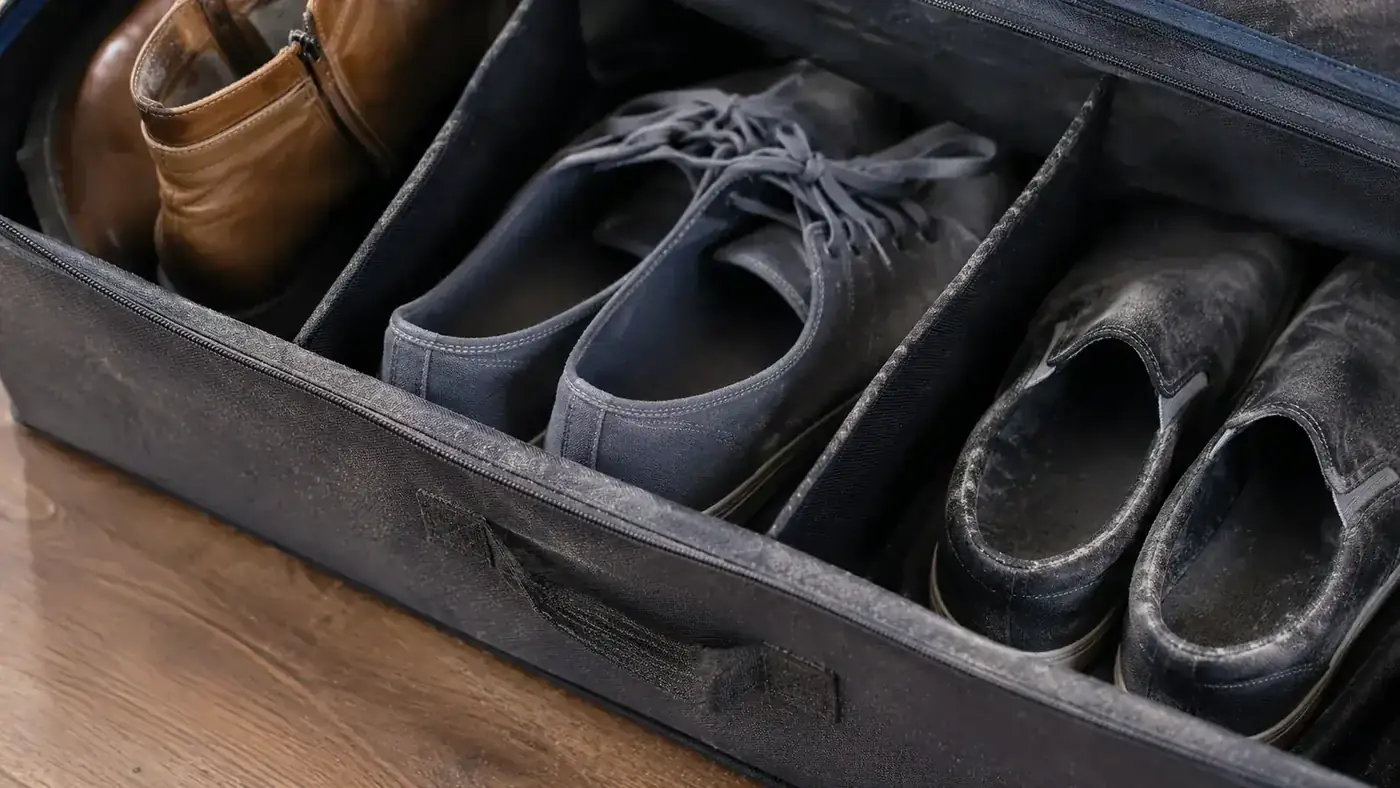 Close-up of the open-top fabric organizer showing a light layer of dust collected on shoes stored under a bed after several months