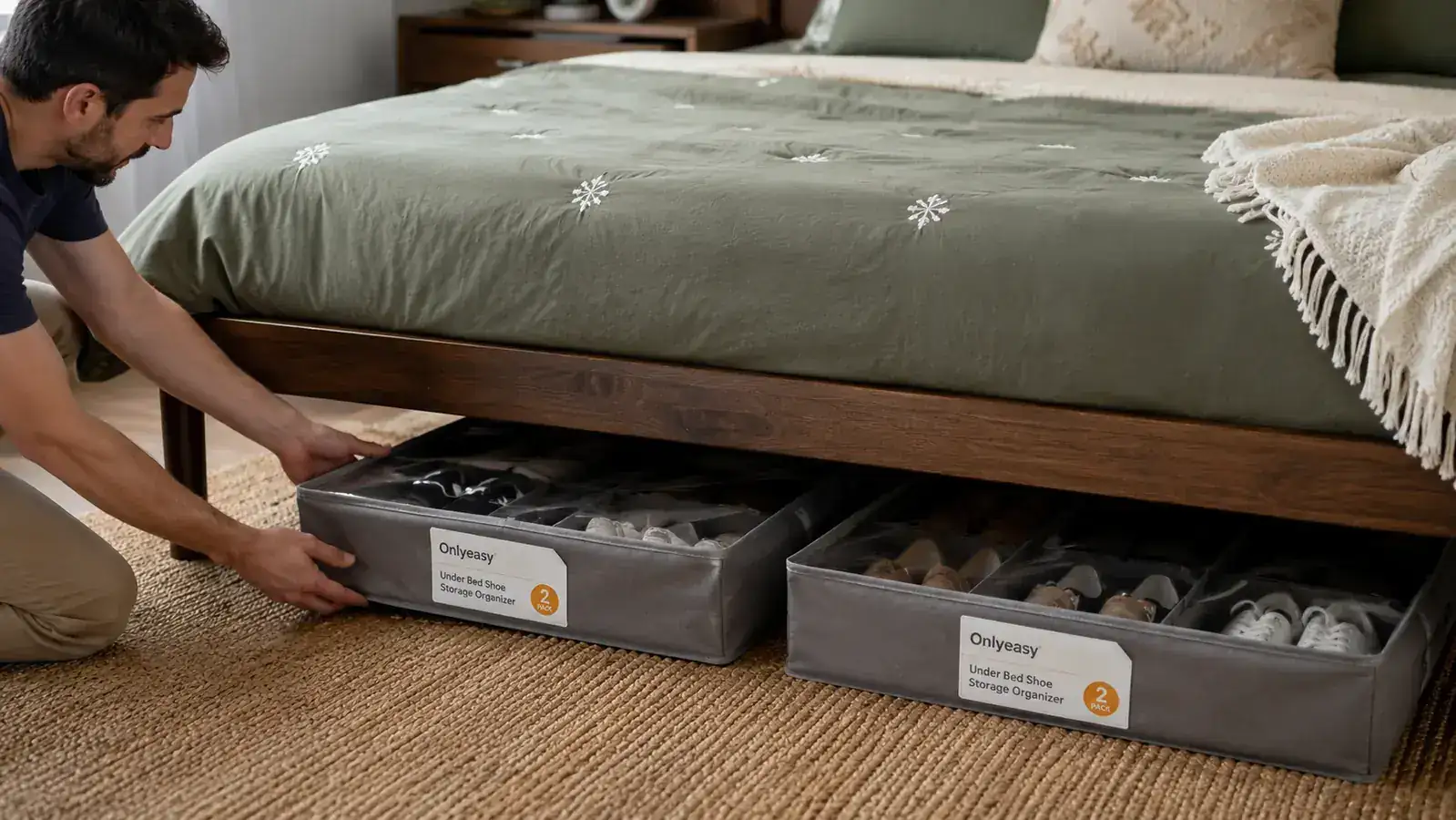 Two Onlyeasy under-bed organizers side by side under a queen bed showing how they fit end to end to maximize storage space