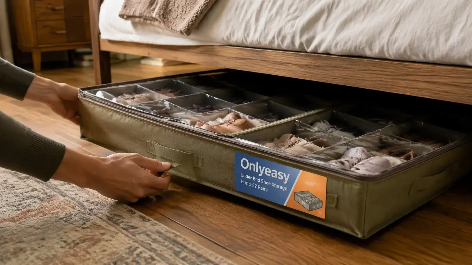 Onlyeasy under-bed storage organizer being slid under a bed with pairs of shoes neatly arranged inside