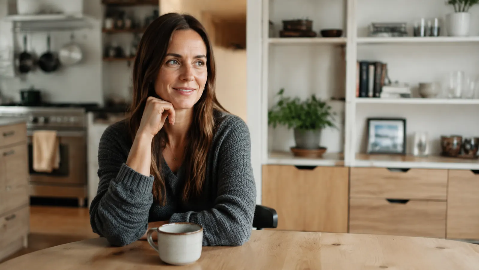 Woman sitting at kitchen table with coffee, relaxed expression, bright organized home visible behind her