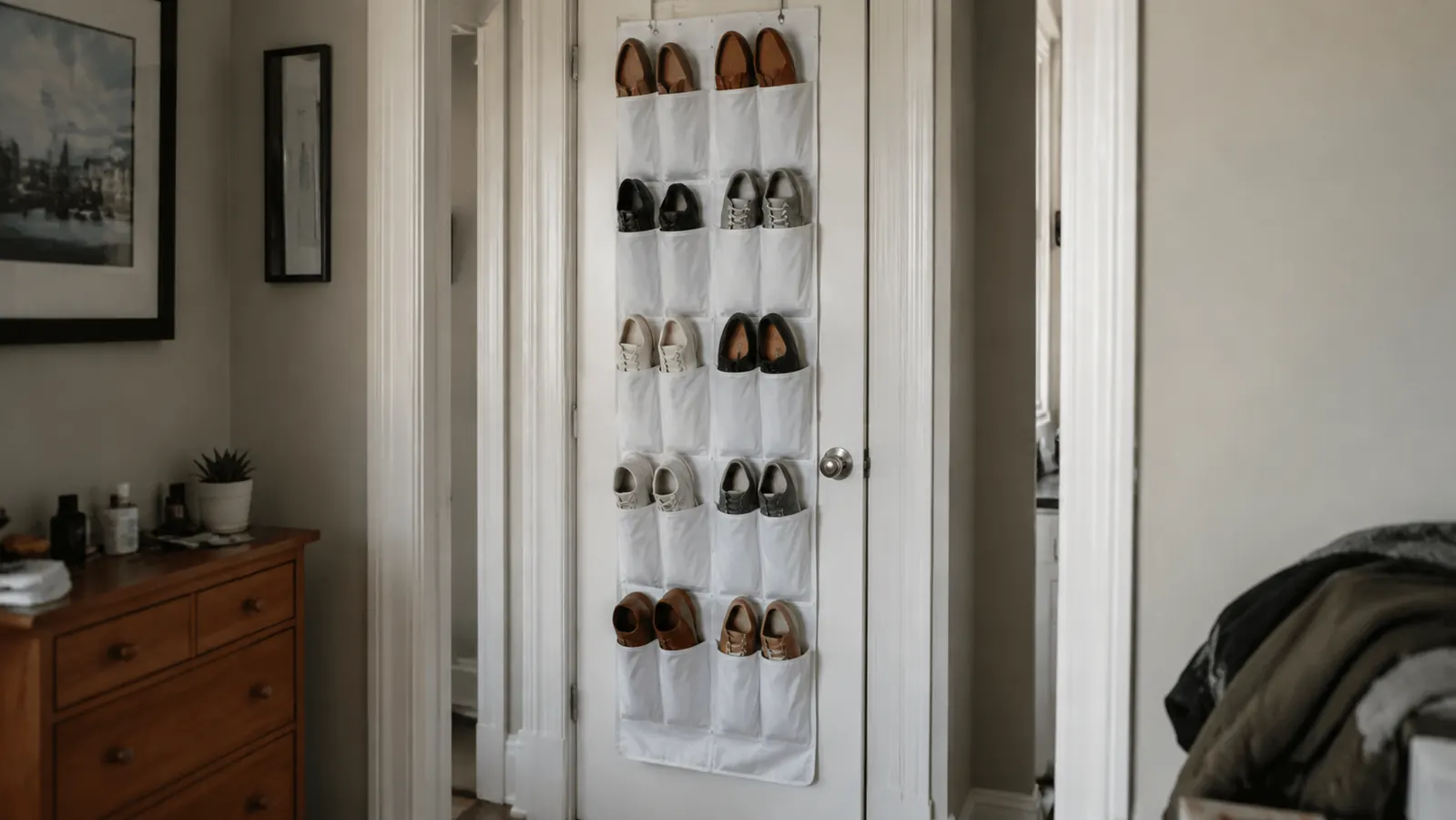 Over-door shoe rack hanging on a bedroom door loaded with sneakers, sandals, and flats, door partially open